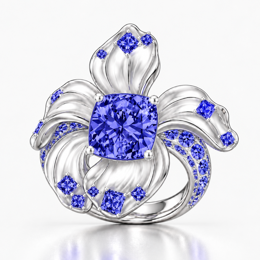 Original Design - 3ct Cushion Cut Pink / Tanzanite Sapphire Flower Engagement Ring(2 Color Options)