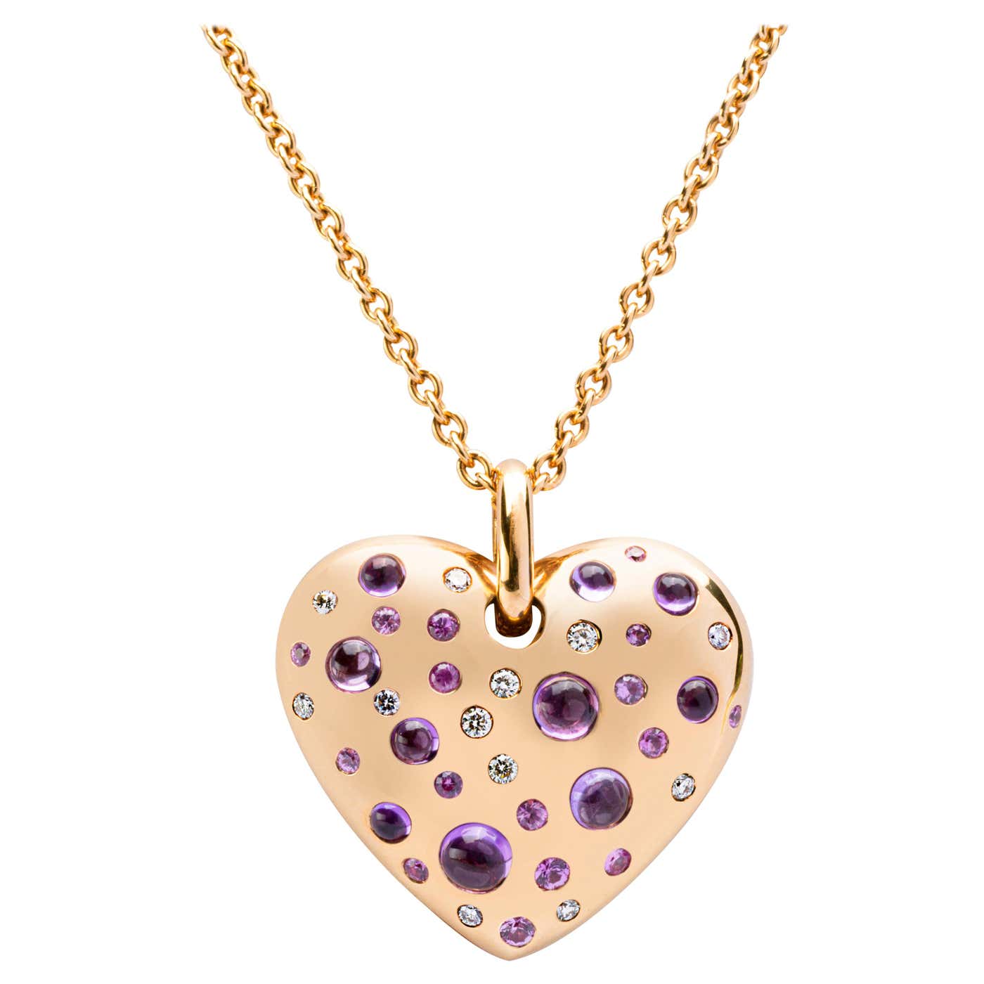Pink&Amethyst&Diamond Heart Pendant Necklace