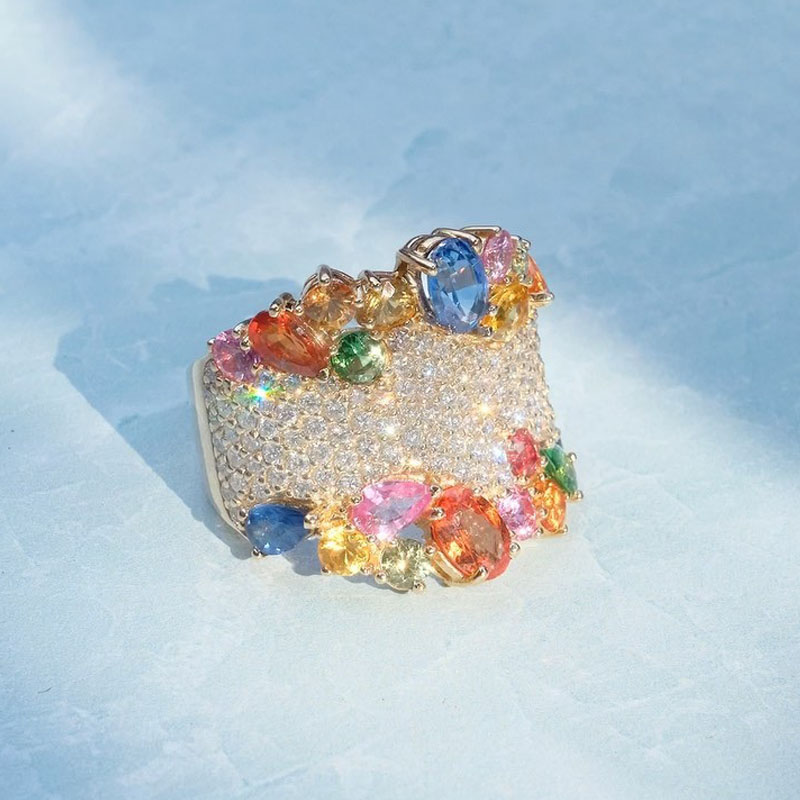 9.55ct Multi-cut Rainbow Sapphire&Diamond Cocktail Ring