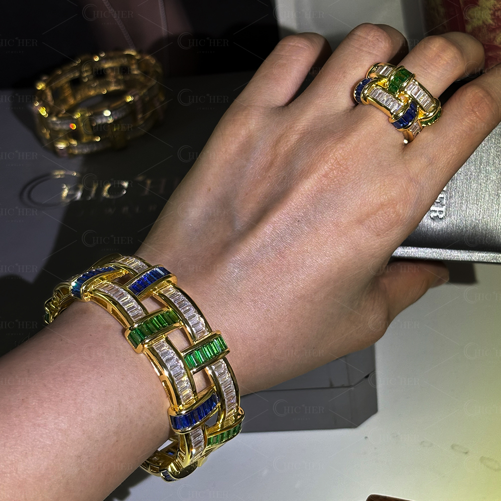 Basket Weave Design Three Tone Gems Jewelry Set/3pcs