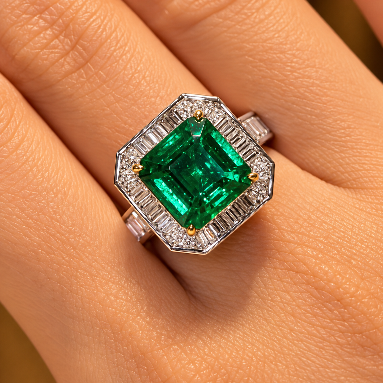 Detachable 5ct Emerald Cut Emerald Green Halo Engagement Ring