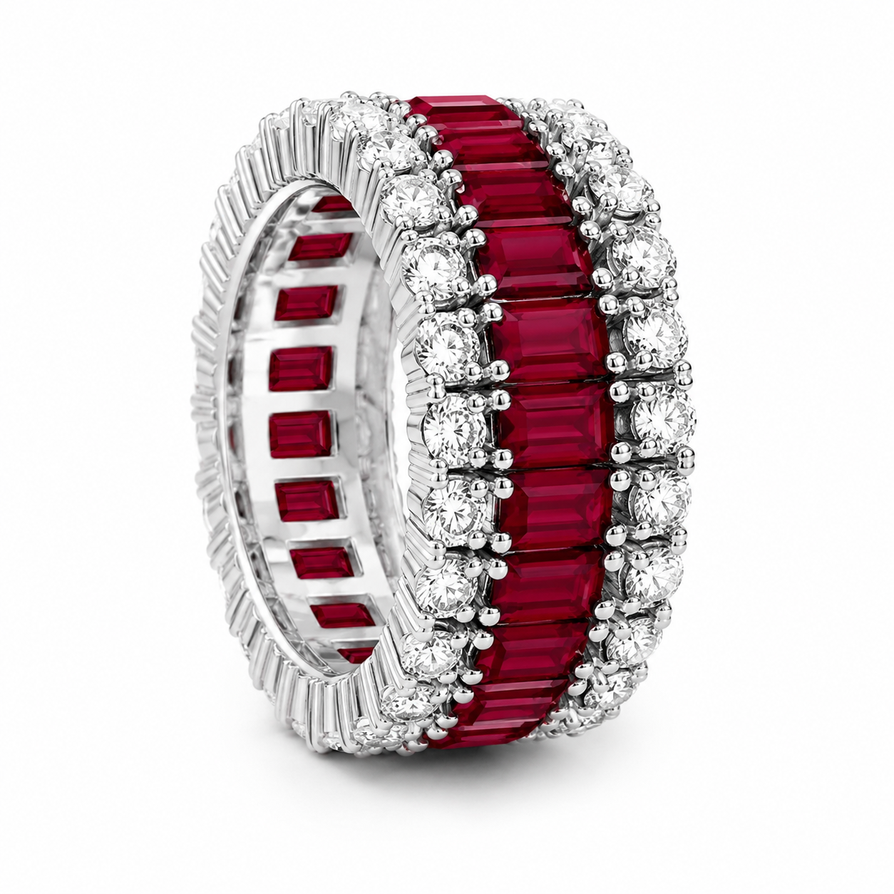 7.35ct Emerald Cut Ruby / Emerald Sapphire Wedding Band (2 Color Options)