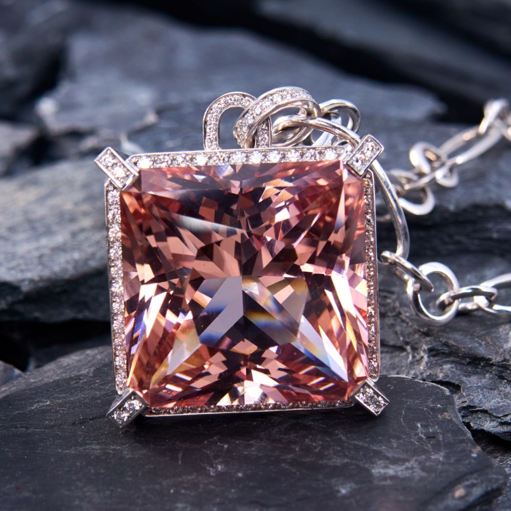 Halo Radiant Cut Morganite Pendant Necklace
