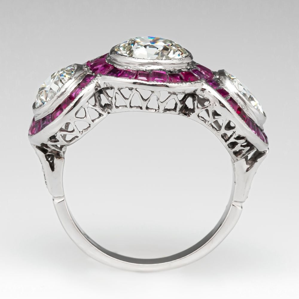 Art Deco Ruby Halo 5ct Round Cut White Sapphire Three Stone Ring