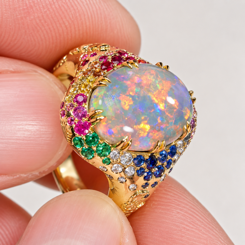 Art 6.75ct Oval Cut Opal & Round Cut Multicolor Sapphire Halo Engagement Ring