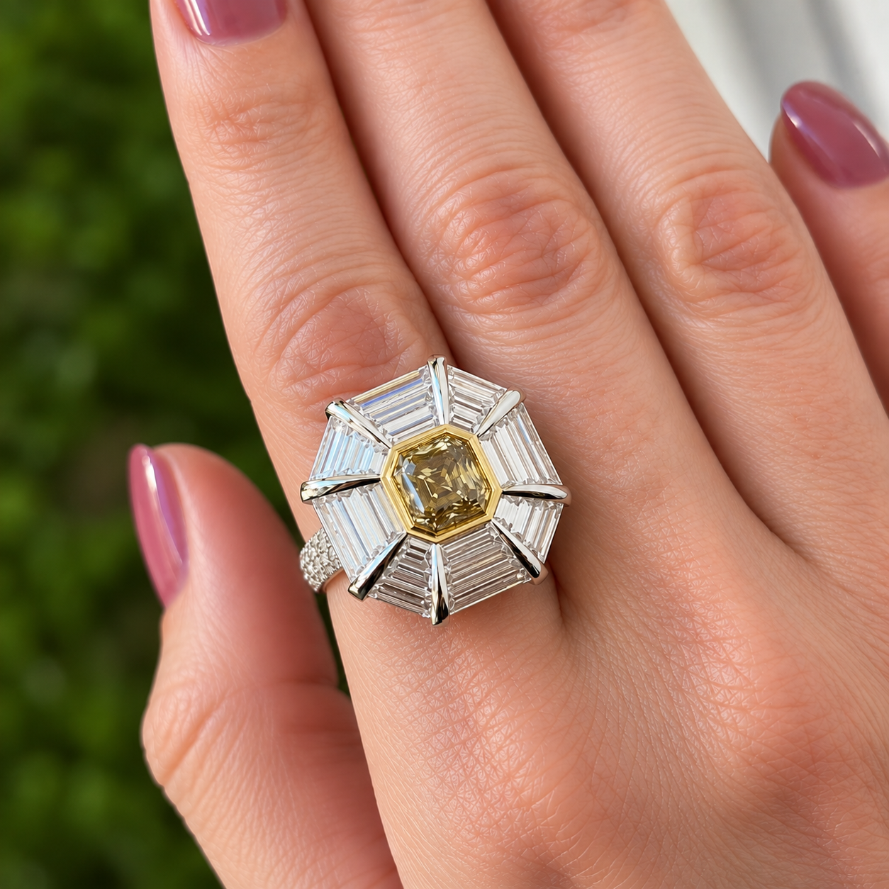 Fashion Asscher Cut Orangy Yellow Sapphire Sunburst Halo Engagement Ring