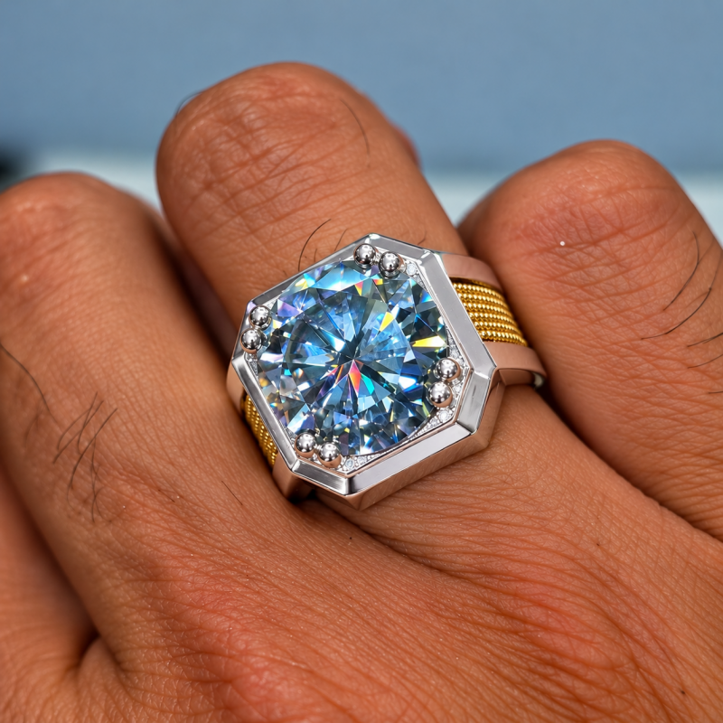 Two-Tone Octagon Frame Round Cut White Moissanite Solitaire Men's Ring