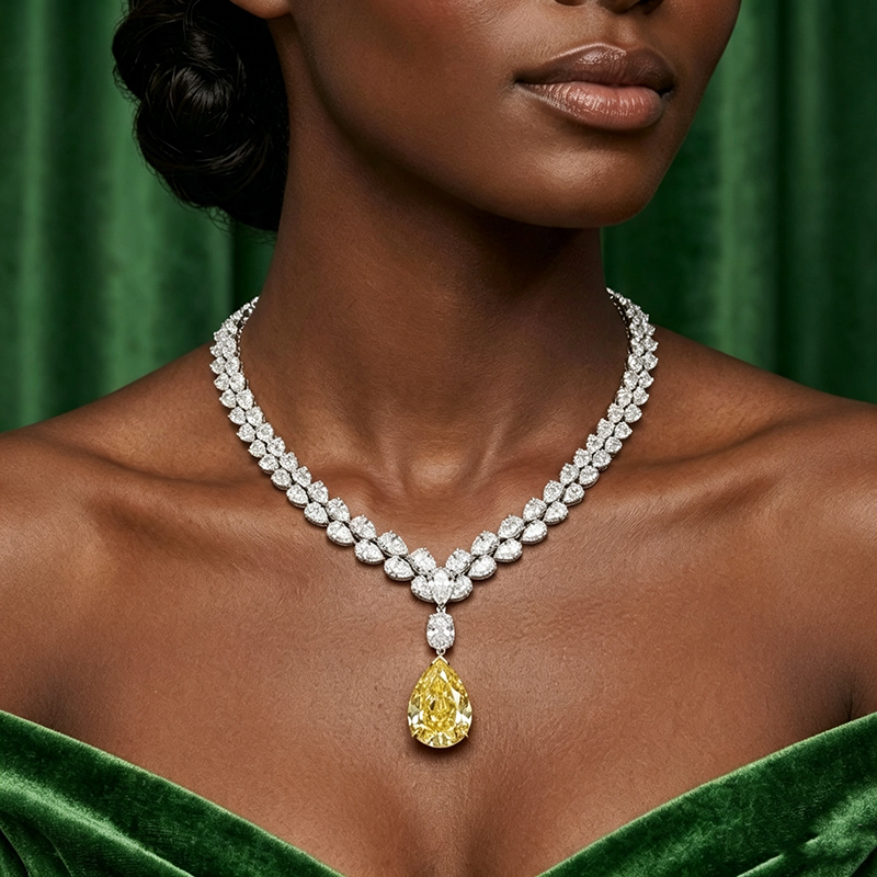 Two Tone Pear Cut Yellow & Two Row White Sapphire Occasion Necklace
