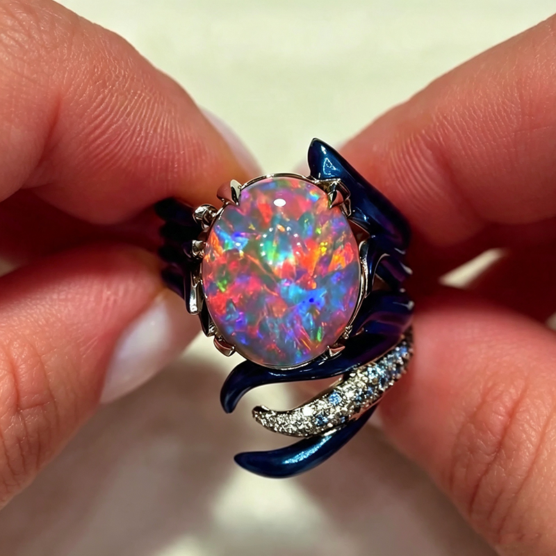 Art 6ct Oval Cut Opal Blue Enamel Sculptural Shank Engagement Ring