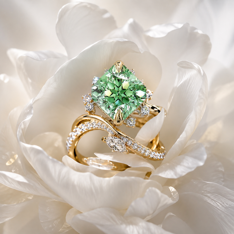 Fashion 3ct Cushion Cut Mint Green & White Sapphire Halo Engagement Ring