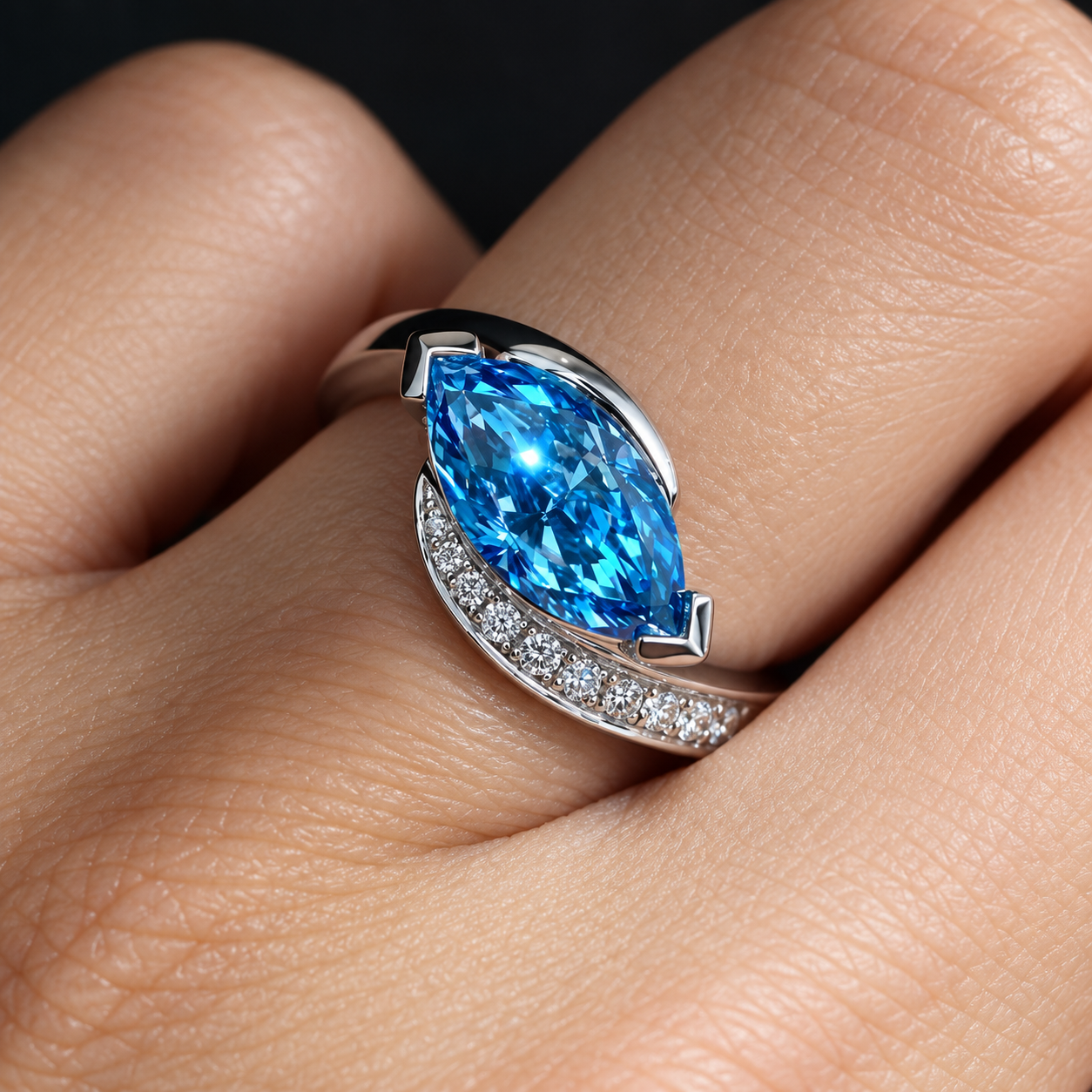 Fashion 3.25ct Marquise Cut Blue Sapphire Halo Twist Engagement Ring