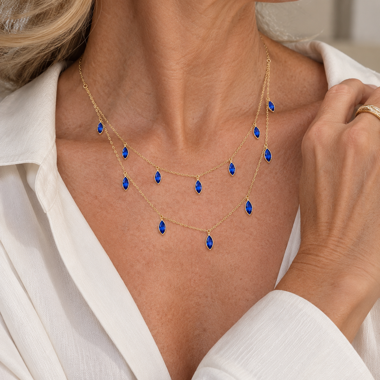 Fashion Marquise Cut Blue Sapphire Double Station Choker Necklace