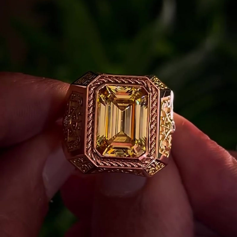 4ct Emerald Cut Yellow Sapphire Two-Tone Gold Vintage Engraved Men's Ring
