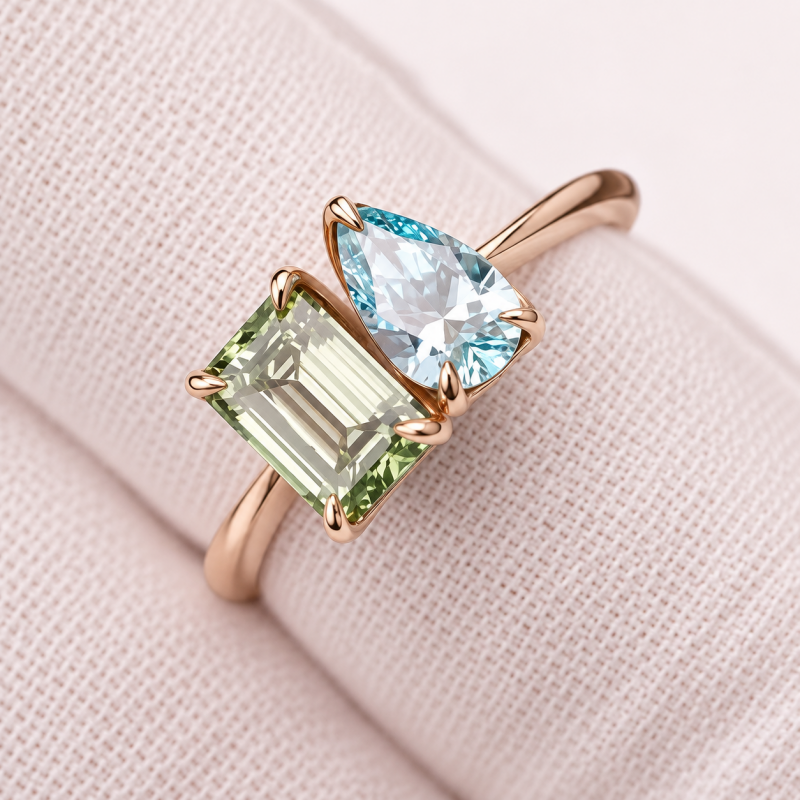 3ct Emerald Cut Green & Pear Cut Aquamarine Sapphire Two-Stone Engagement Ring