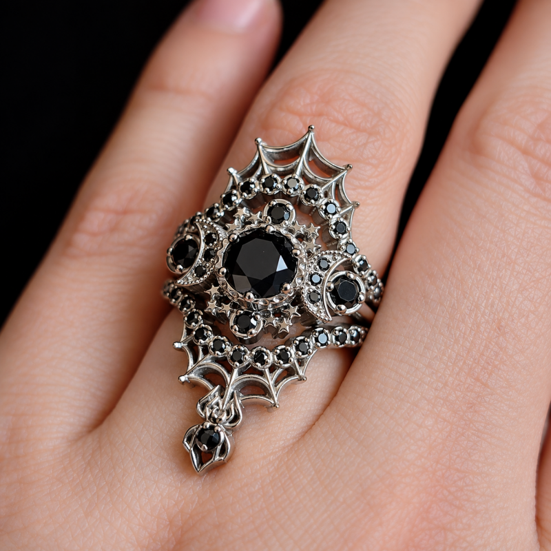Statement Gothic Punk Round Cut Black Sapphire Spider Web Wedding Set/3pcs
