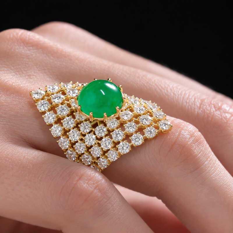3.75ct Round Cut Green Sapphire Fan-Shaped Cocktail Ring with White Sapphire Mesh