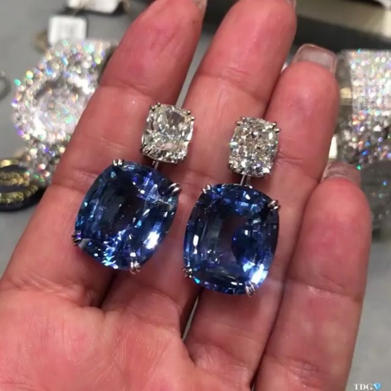 Cushion Cut Two-Tone Blue & White Sapphire Occasion Drop Earrings -1 Pair