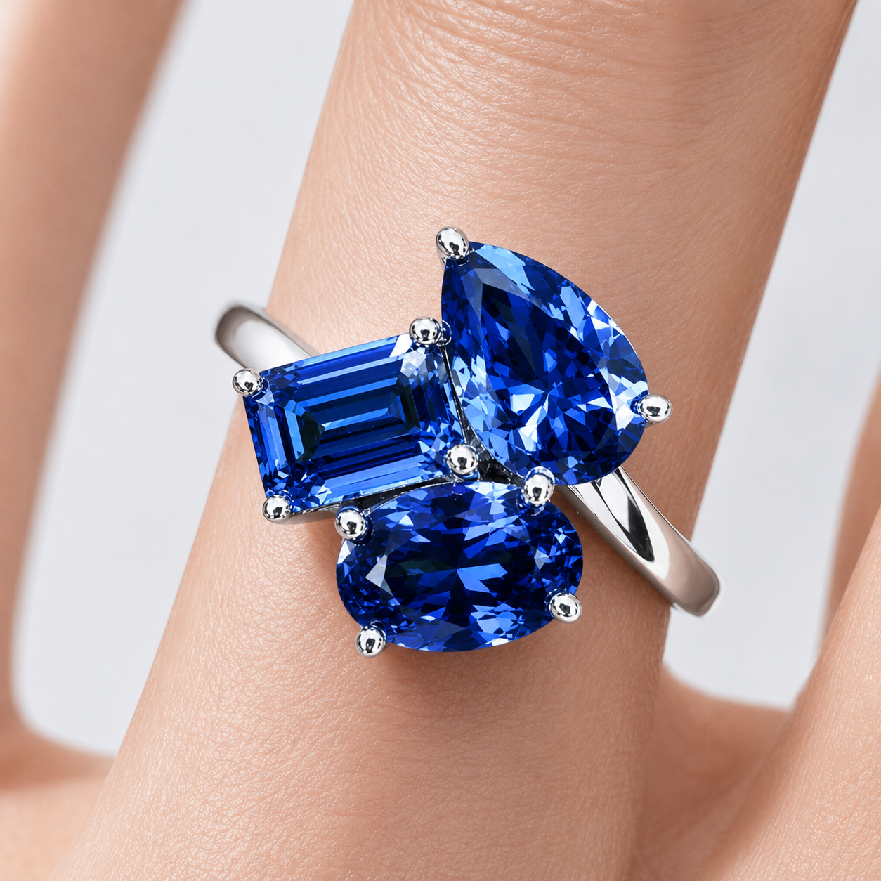 Fashion Multi-Cut Three Stone Blue Sapphire Engagement Ring