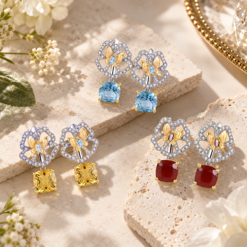 Designer-Cushion Cut Aquamarine / Yellow / Red Sapphire Butterfly Floral Shaped Drop Earrings(3 Color Options）