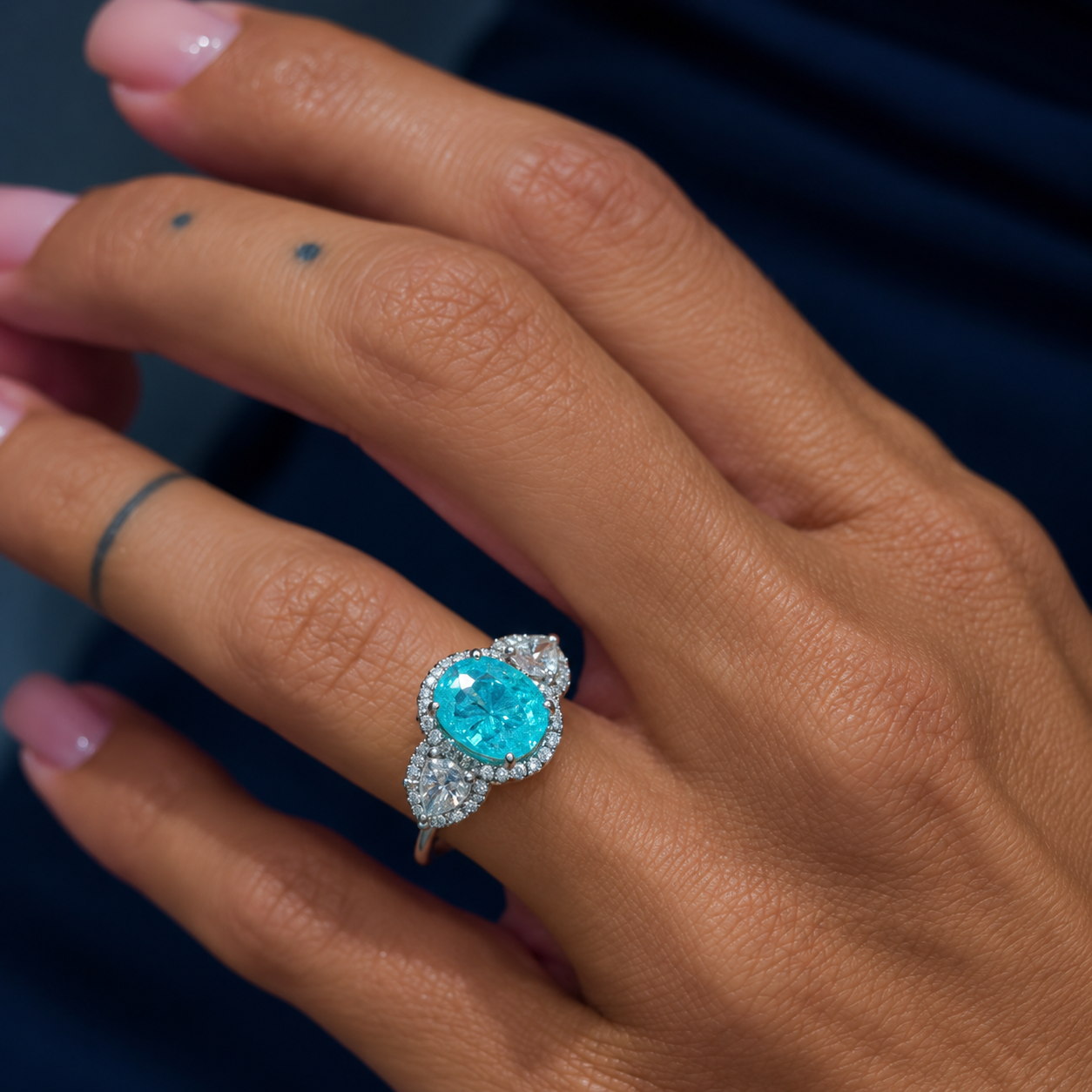 2ct Oval Cut Paraiba Sapphire Three Stone Halo Engagement Ring