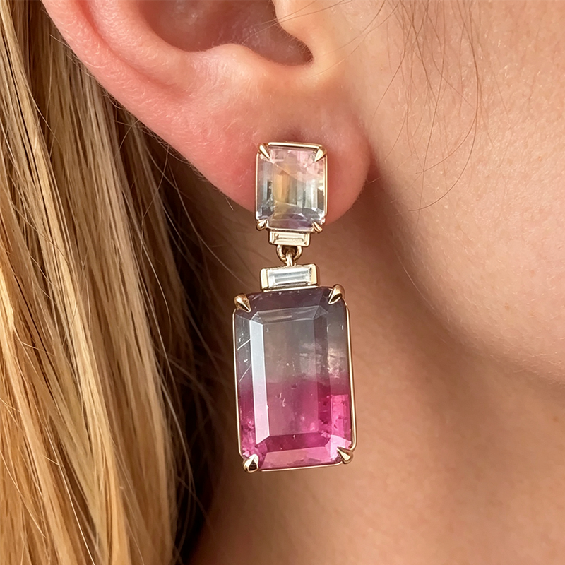 Emerald Cut Watermelon Bi-Color Tourmaline Drop Earrings