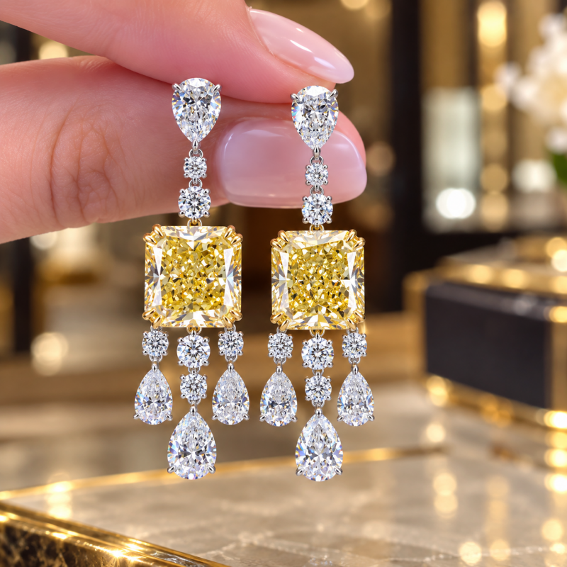 Radiant Cut Yellow & Multiple Cut White Sapphire Drop Earring-1 Pair
