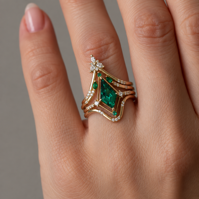 Fashion 1.25ct Kite Cut Emerald Sapphire Chevron Cluster Wedding Set / 4pcs