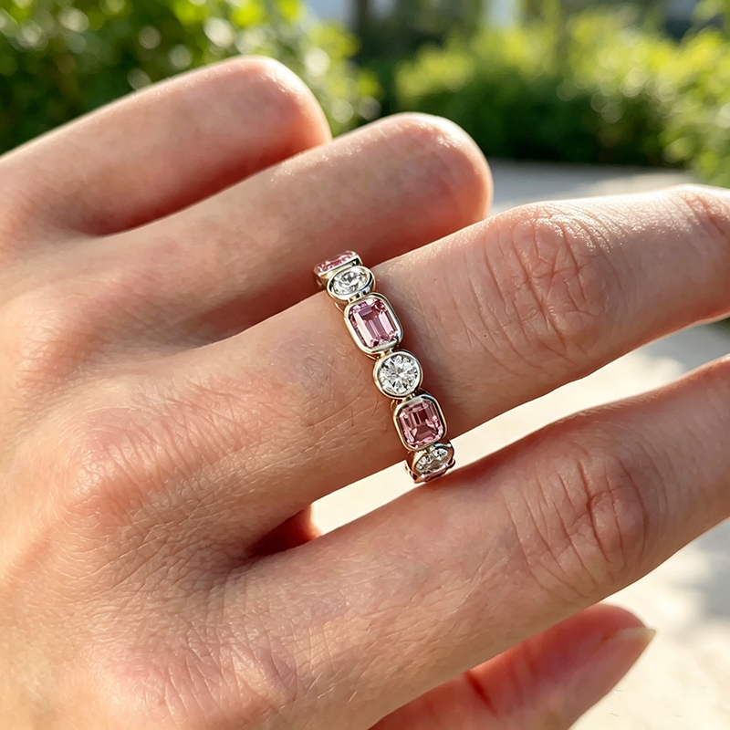 Fashion 5.58ctw Emerald Cut Pink & Round Cut White Sapphire Wedding Bands