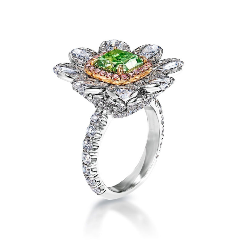 3.5ct Radiant Cut Green Sapphire Floral Design Cocktail Ring