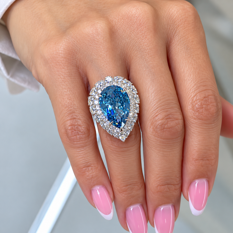 4ct Pear Cut Aquamarine Sapphire Halo Cocktail Ring