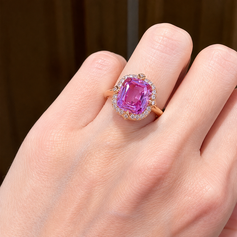 3.75ct Cushion Cut Pink Sapphire Halo Cocktail Ring with Round Cut White Sapphire Accents
