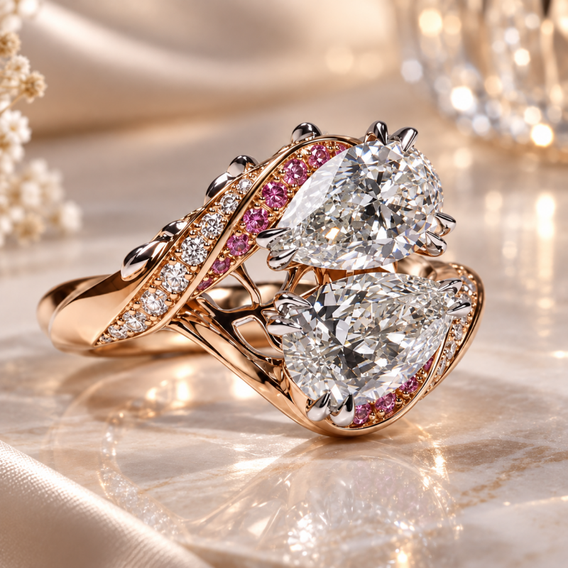 Vintage Toi et Moi Pear Cut White Sapphire Engagement Ring with Sculpted Orchid