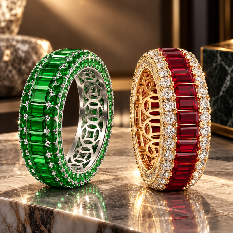 Fashion 8.45ctw Rectangle Cut Red / Green Sapphire Wedding Band(2 Color Options）