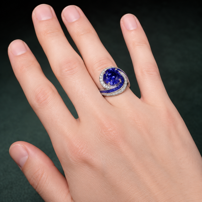 3ct Oval Cut Blue Sapphire Swirl Halo Cocktail Ring