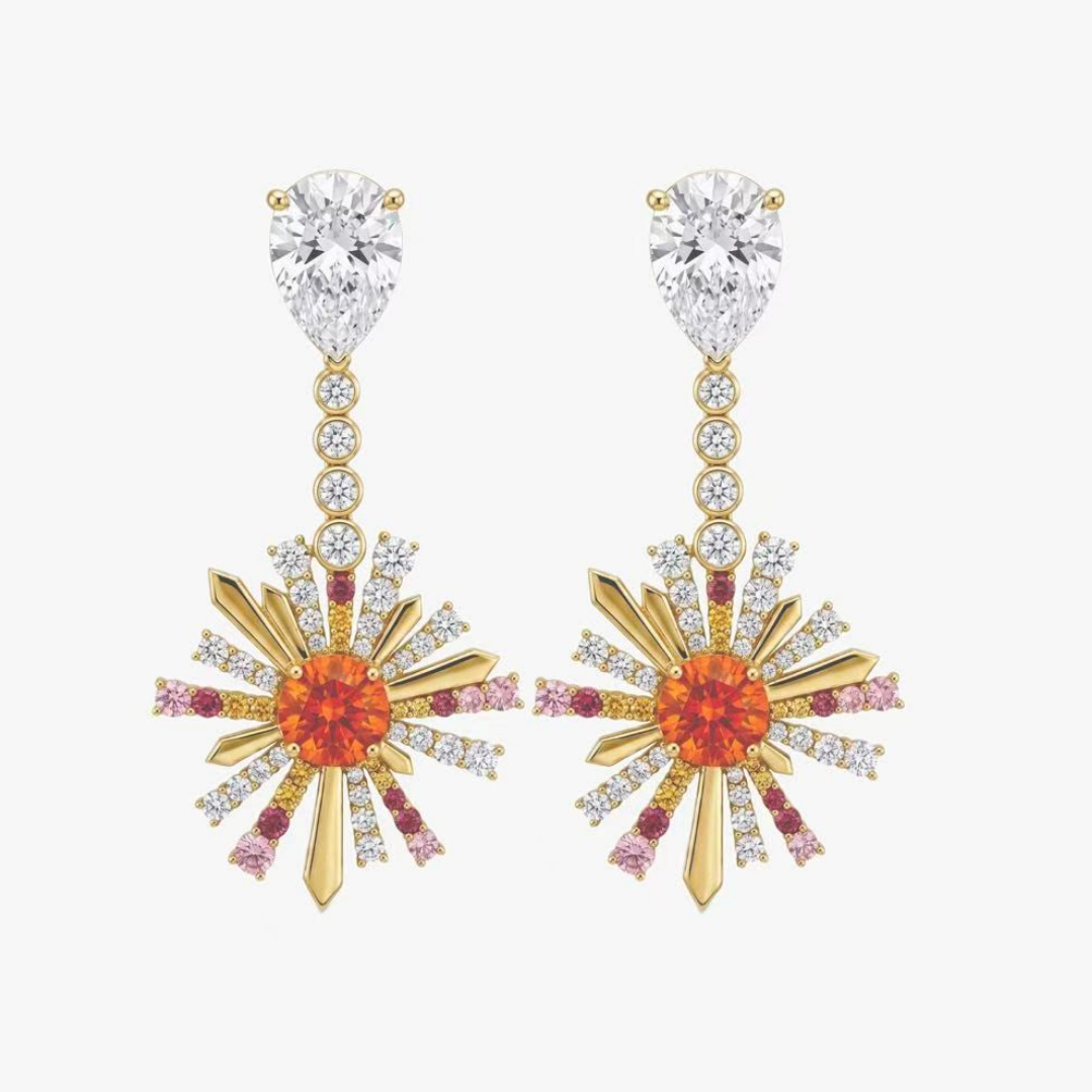Original Design - Round Cut Orange Sapphire Dangle Earrings