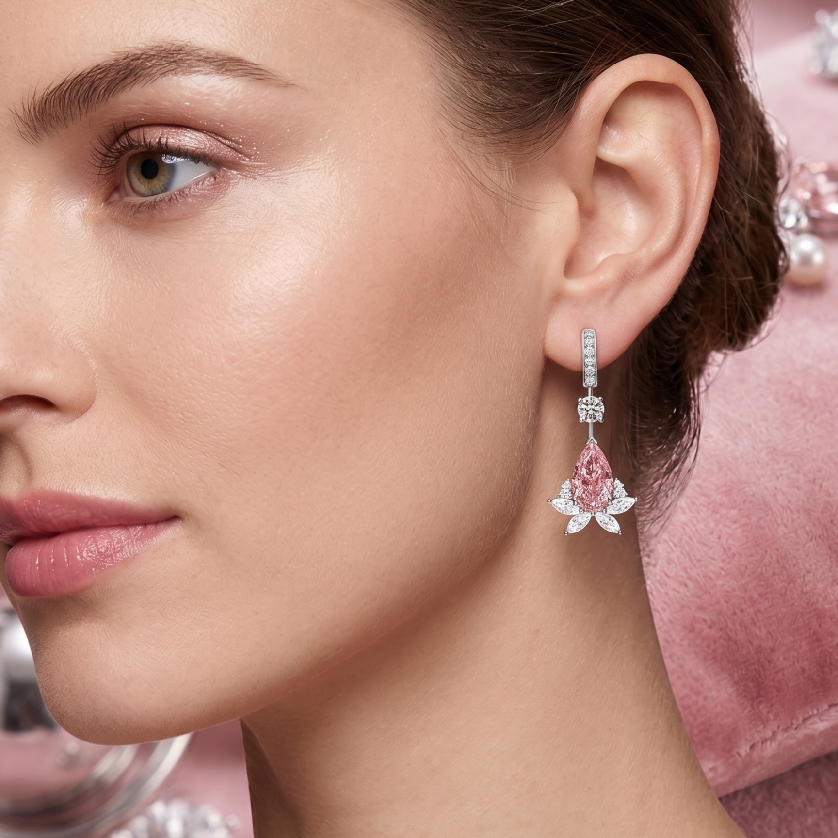 Original Design - Pear Cut Pink Sapphire & White Moissanite Dangle Earrings