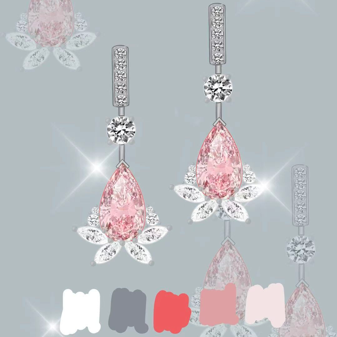 Original Design - Pear Cut Pink Sapphire & White Moissanite Dangle Earrings
