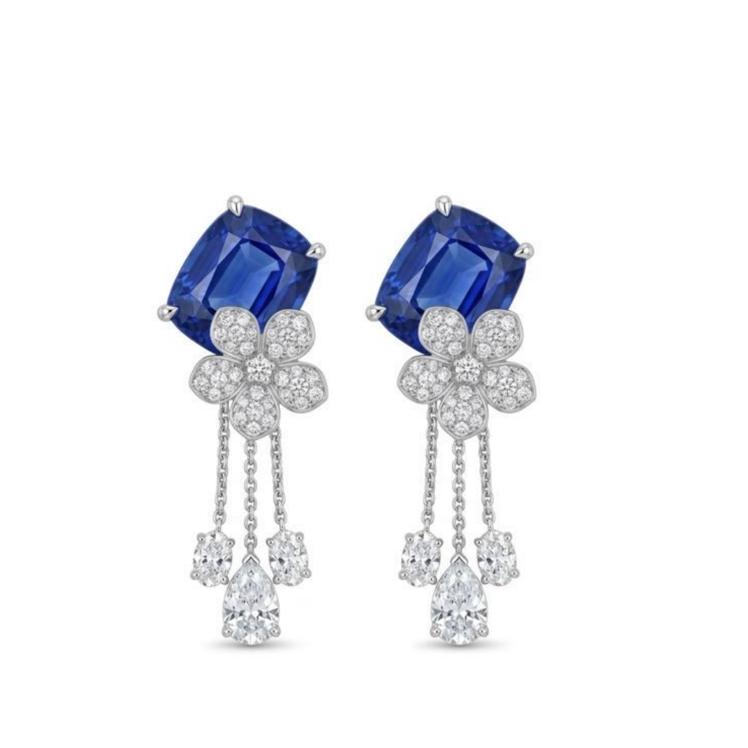 Original Design - 3ctw Cushion Cut  Blue Sapphire Dangle Earrings