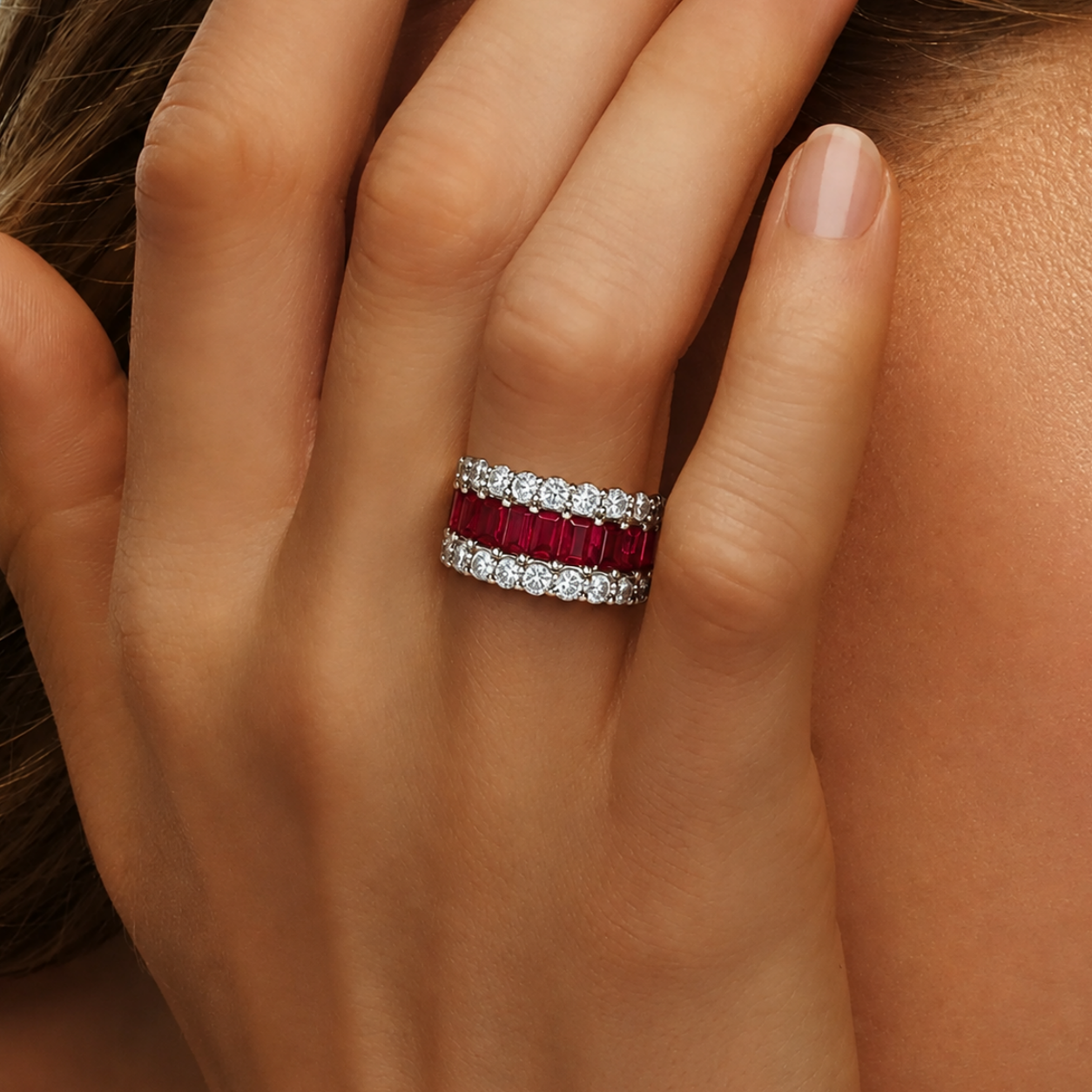 7.35ct Emerald Cut Ruby Sapphire Wedding Band
