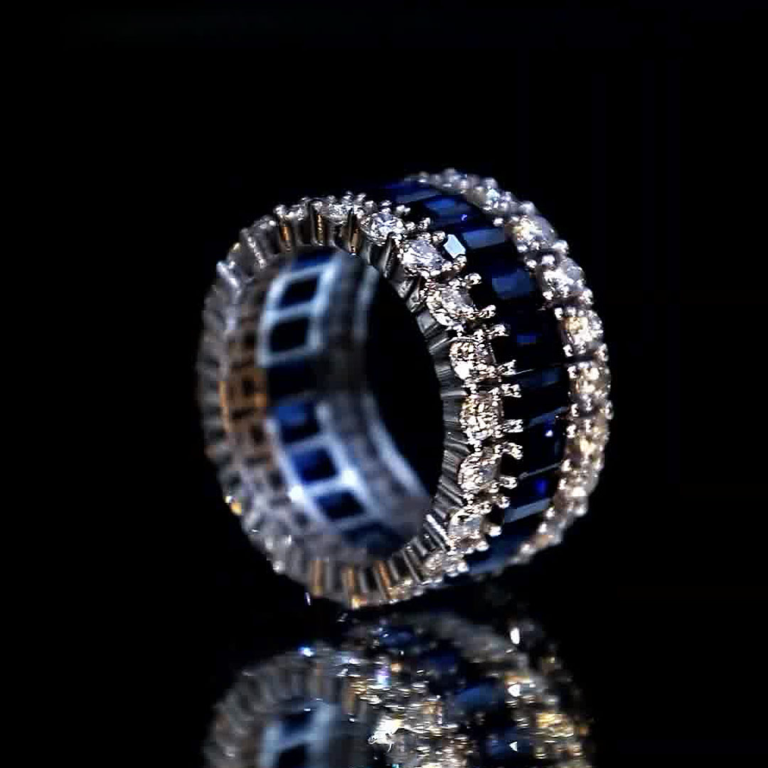 7.35ct Emerald Cut Blue Sapphire Eternity Ring