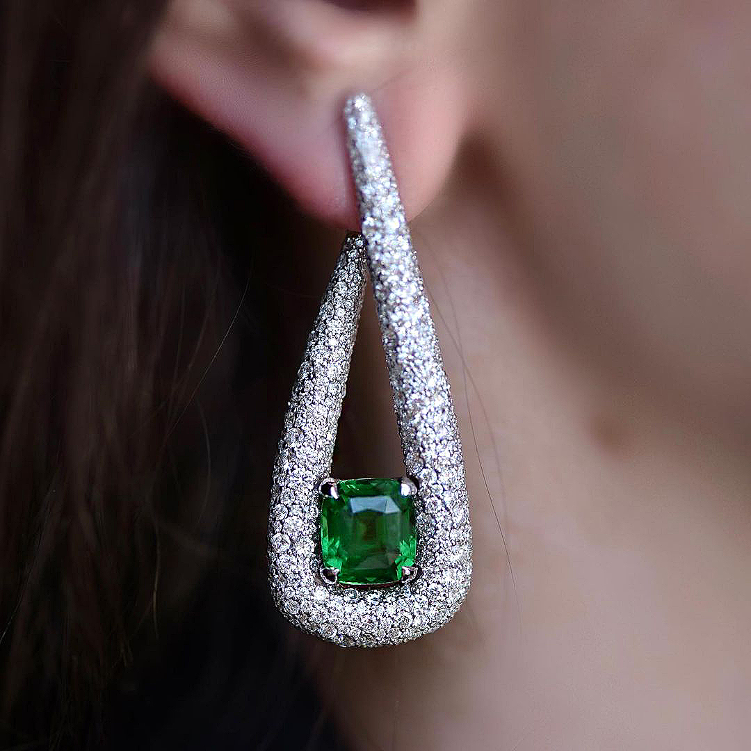 Cushion Cut Emerald Sapphire Drop Earrings