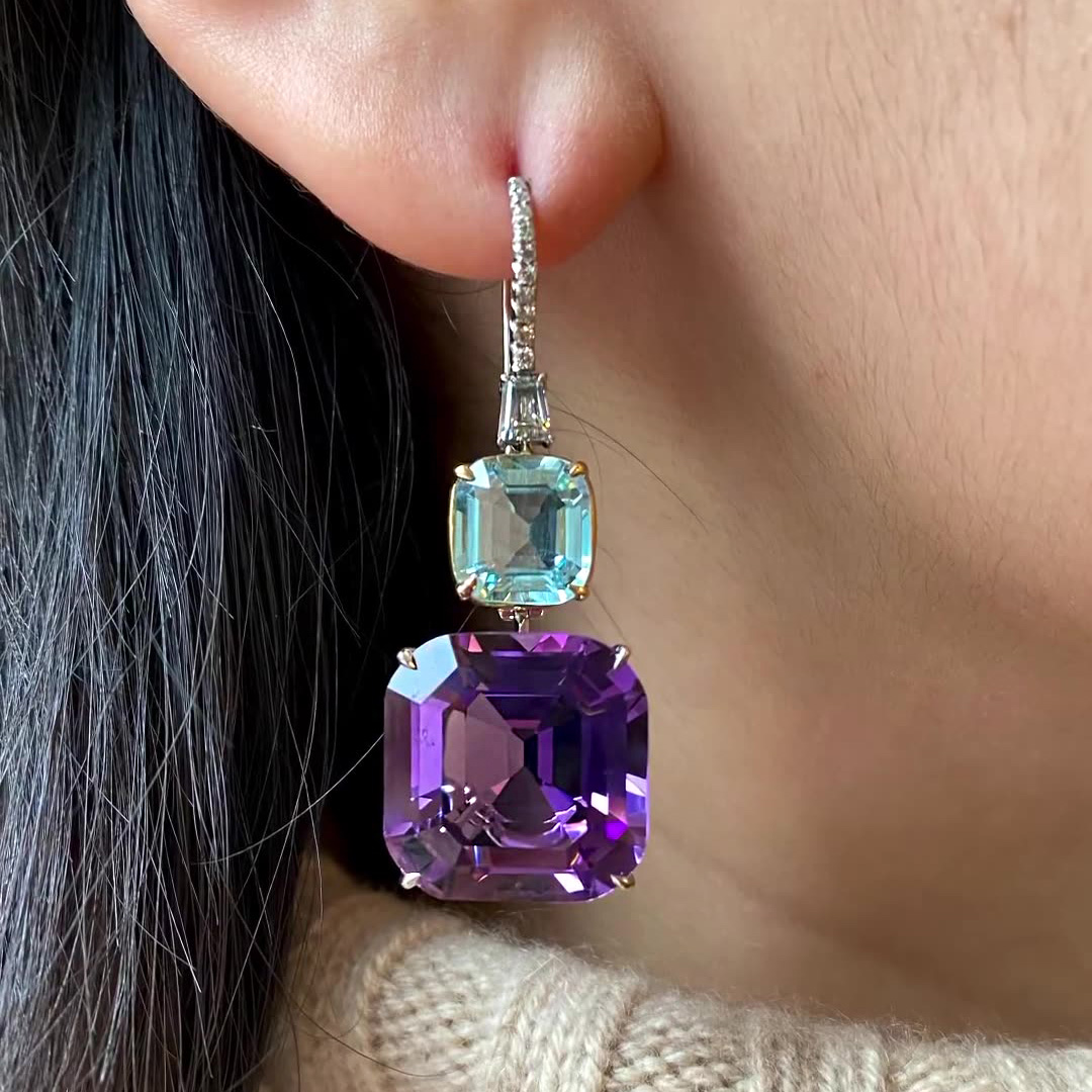 Asscher Cut Aquamariney&Amethyst Sapphire Drop Earrings