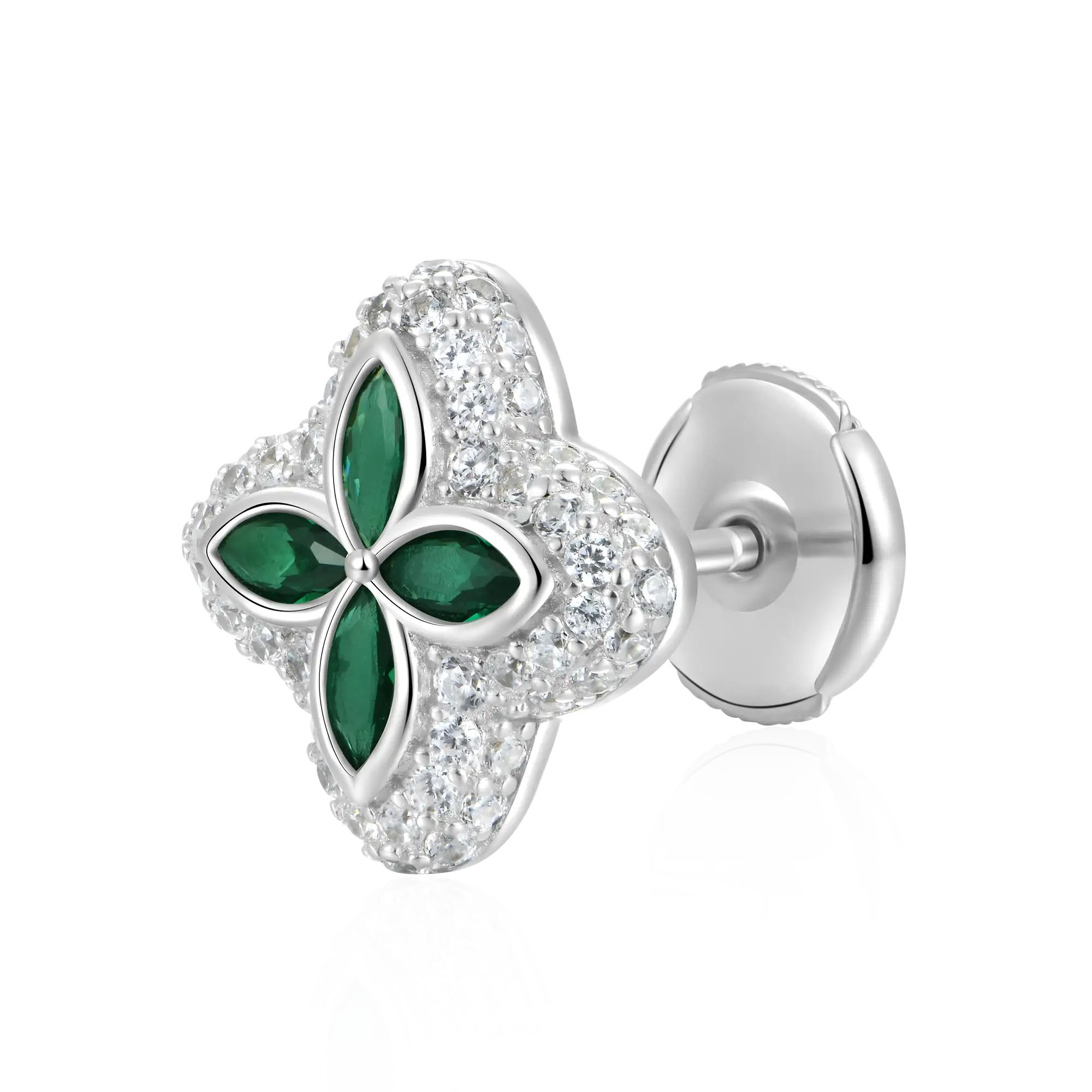 Clover Design Emerald&Diamond Men's Stud Earrings