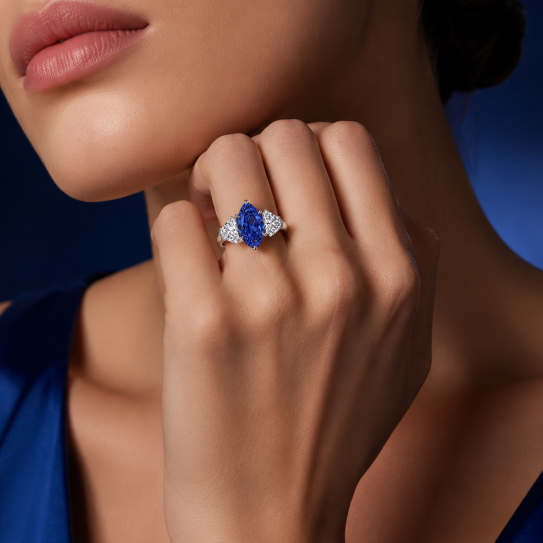 Original Design - 2ct Marquise Cut Blue Sapphire Engagement Ring (2 Color Options)