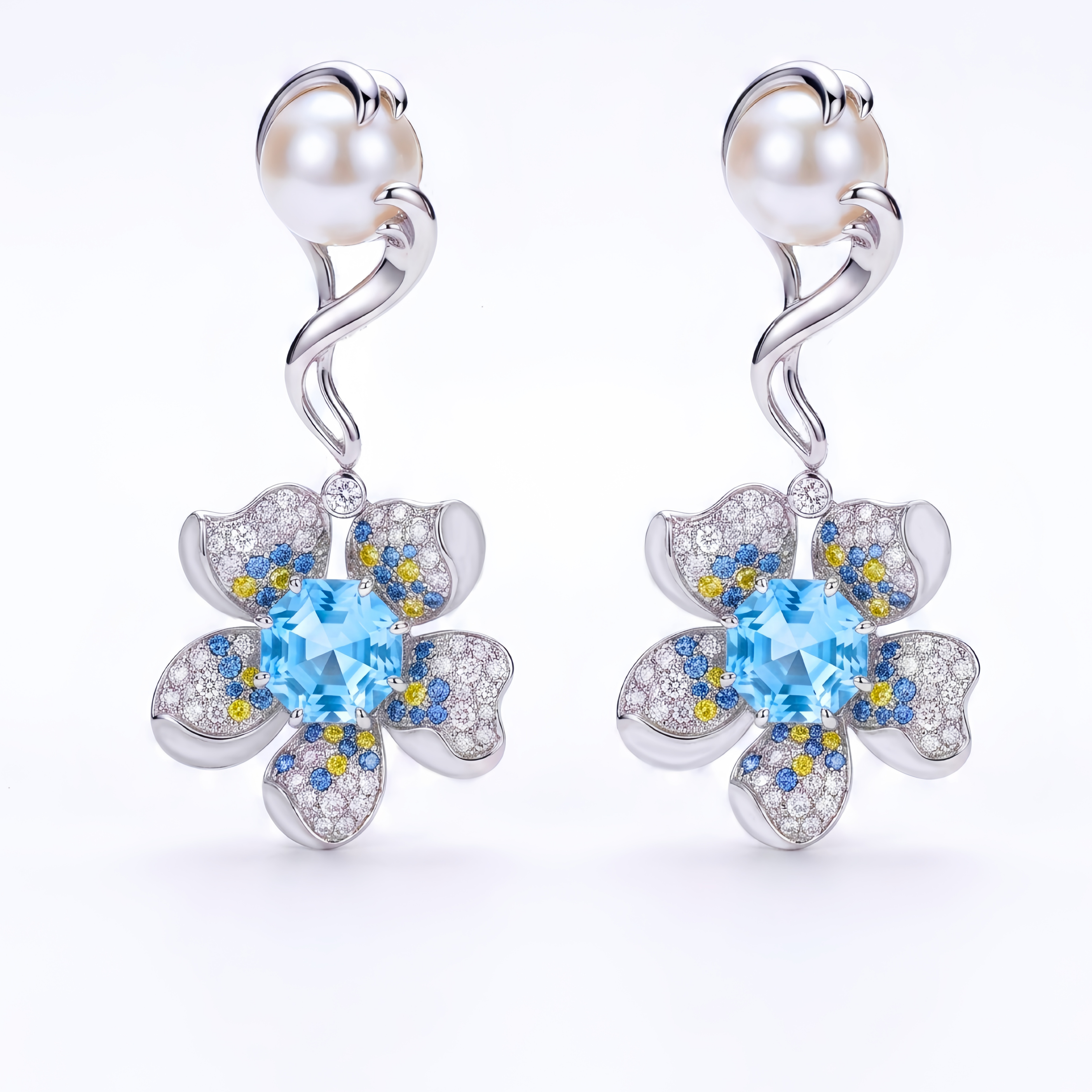 Original Design - Rose Cut Aquamarine Sapphire Flowers Dangle Earrings