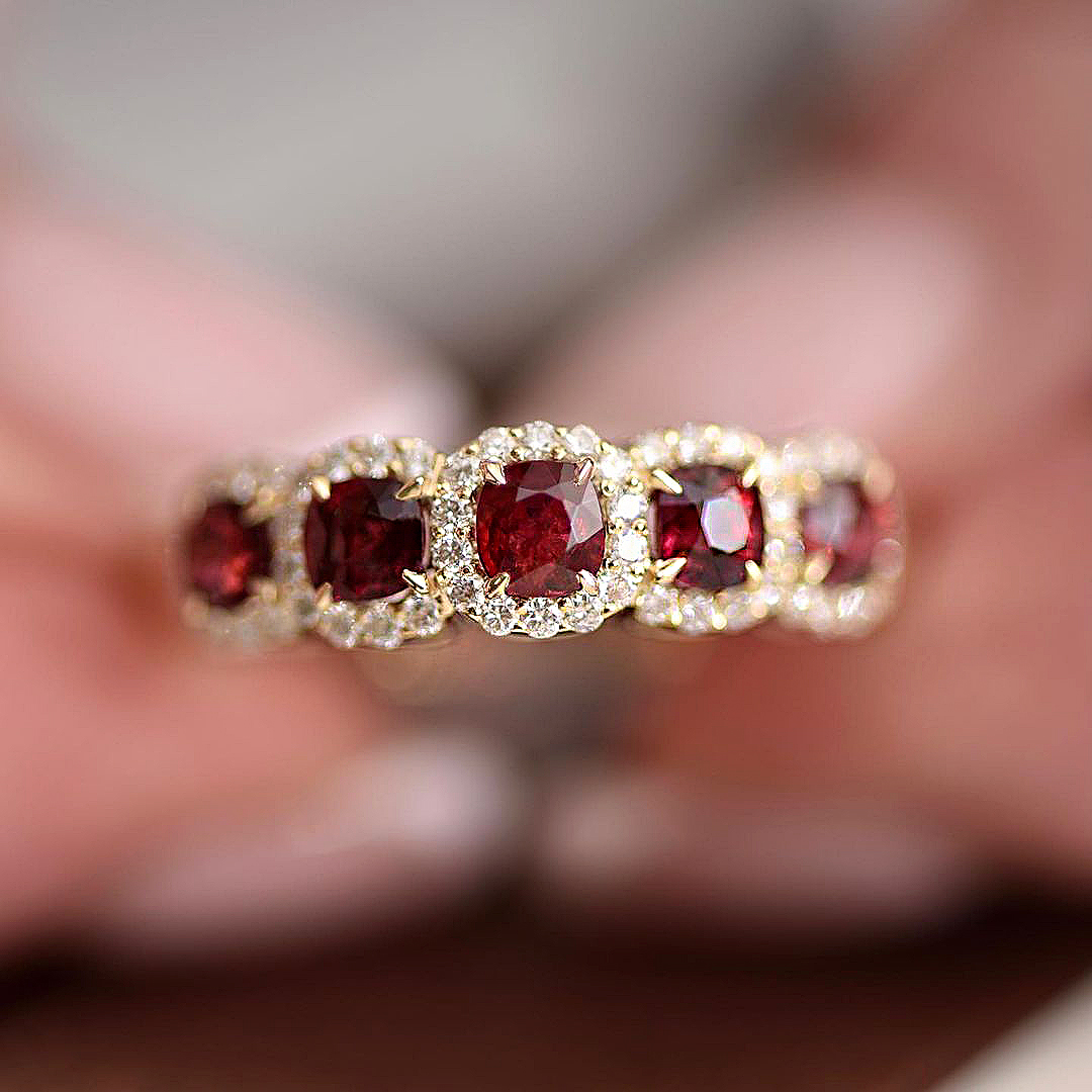 2.5ct Five-Stone Cushion Cut Ruby Sapphire Eternity Ring