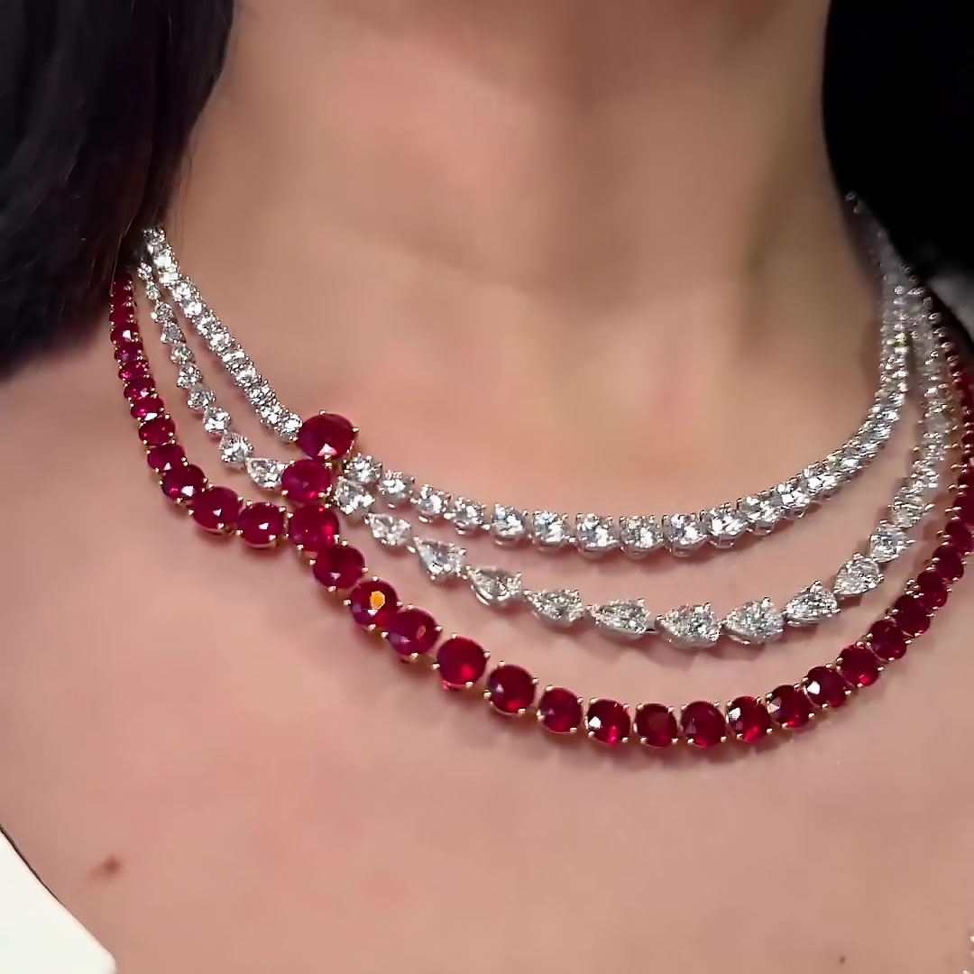 Round&Pear Cut Ruby Sapphire Necklace