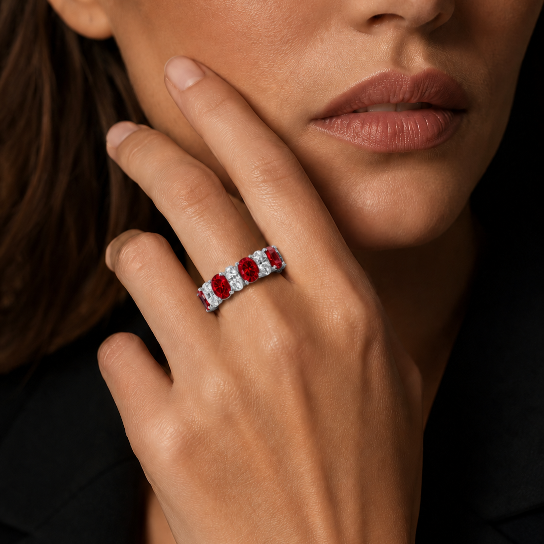 Original Design - Oval Cut Ruby Sapphire & White Moissanite Wedding Band