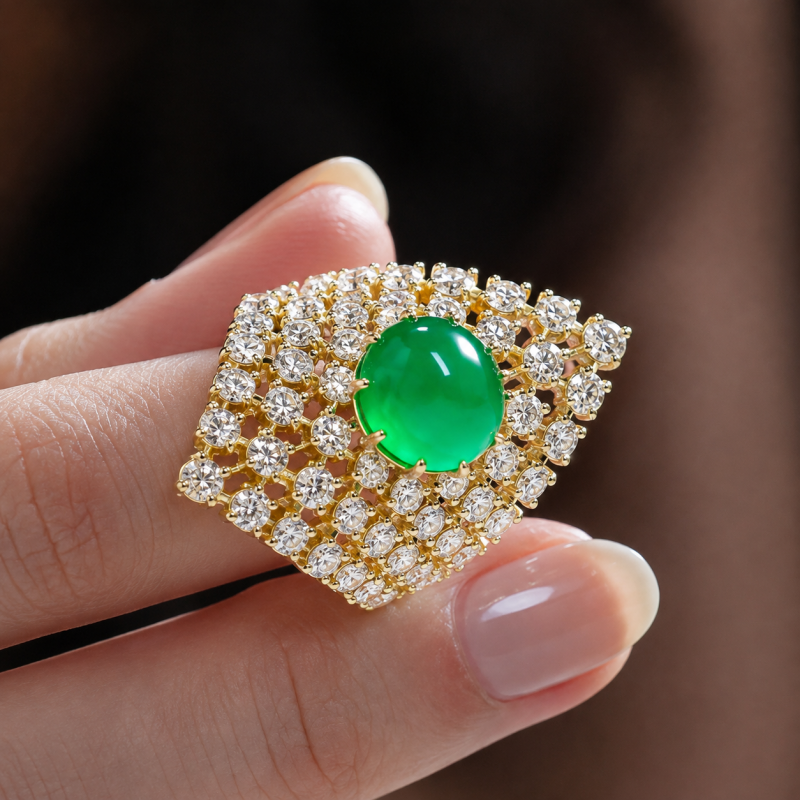 3.75ct Round Cut Green Sapphire Fan-Shaped Cocktail Ring with White Sapphire Mesh