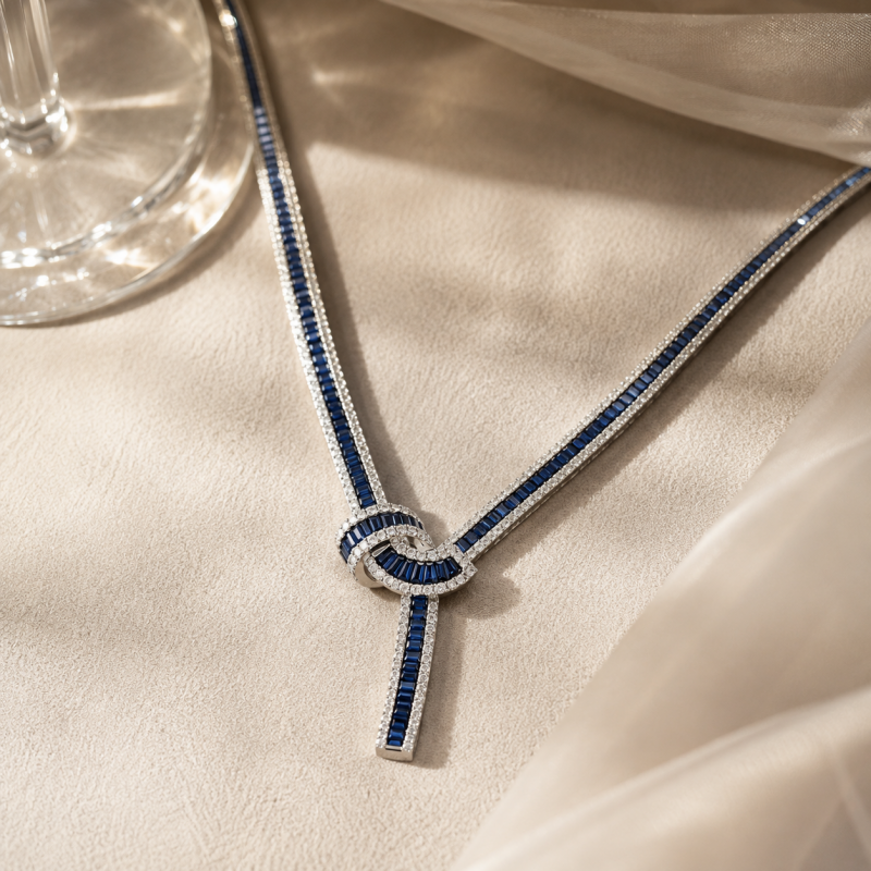 Fashion Baguette Cut Blue / Green Sapphire Tight Knot Necklace(2 Color Options)